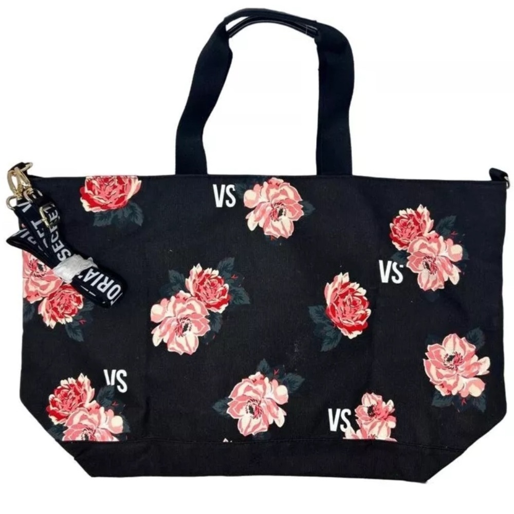 Victoria's Secret Black Tote with Pink Floral Design